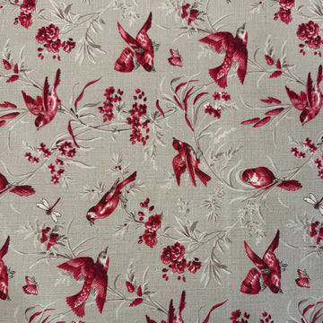 Joie De Vivre bird and floral cotton fabric by French General for Moda Fabrics available in Roche, Rouge, and Pearl Roche colorways.