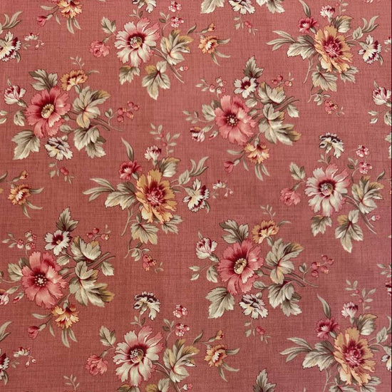 Joie De Vivre floral cotton fabric by French General for Moda Fabrics available in Tea, Clay, and Roche colorways with vintage floral bouquets.