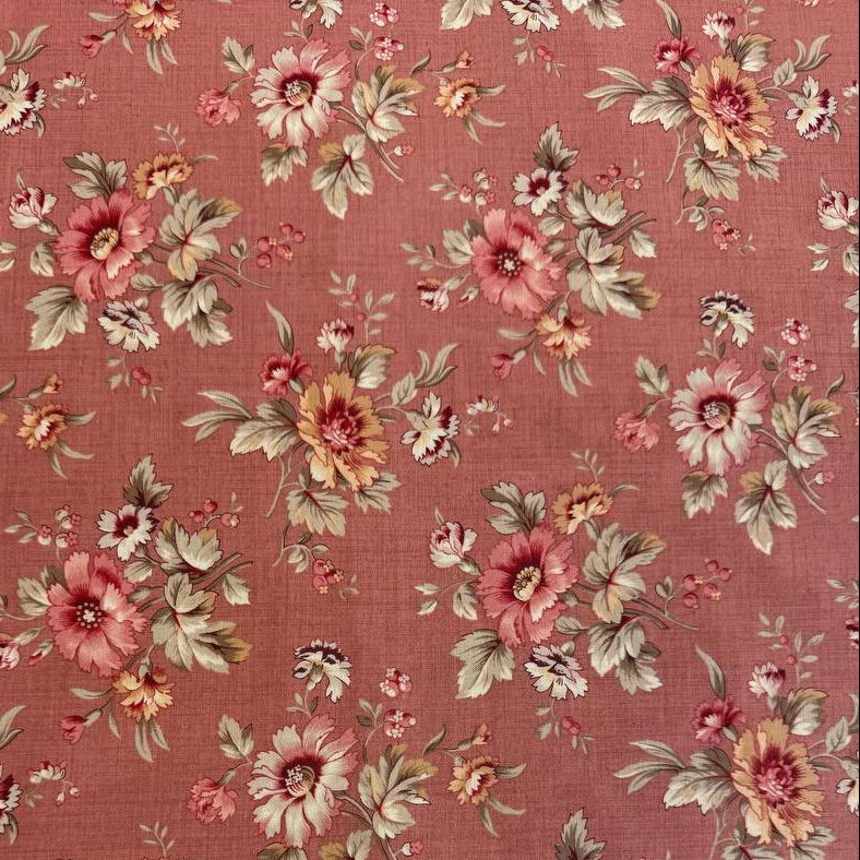 Joie De Vivre floral cotton fabric by French General for Moda Fabrics available in Tea, Clay, and Roche colorways with vintage floral bouquets.