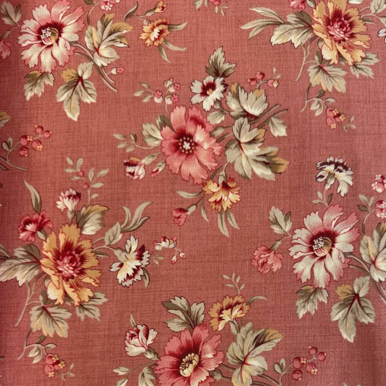 Joie De Vivre floral cotton fabric by French General for Moda Fabrics available in Tea, Clay, and Roche colorways with vintage floral bouquets.