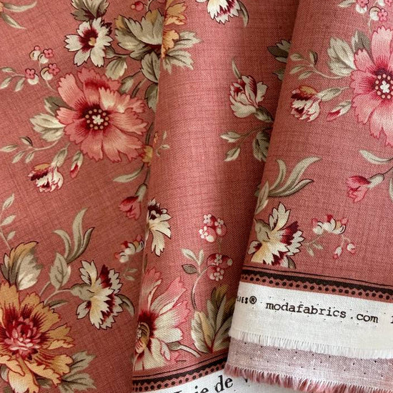 Joie De Vivre floral cotton fabric by French General for Moda Fabrics available in Tea, Clay, and Roche colorways with vintage floral bouquets.