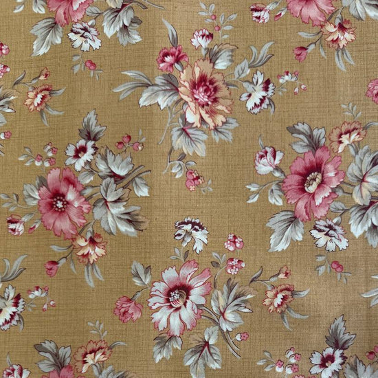 Joie De Vivre floral cotton fabric by French General for Moda Fabrics available in Tea, Clay, and Roche colorways with vintage floral bouquets.