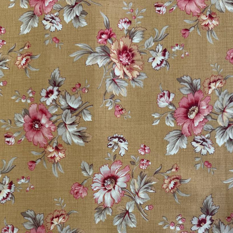Joie De Vivre floral cotton fabric by French General for Moda Fabrics available in Tea, Clay, and Roche colorways with vintage floral bouquets.
