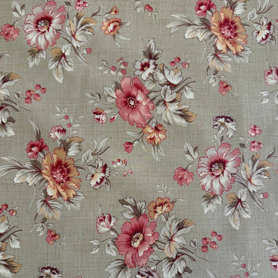 Joie De Vivre floral cotton fabric by French General for Moda Fabrics available in Tea, Clay, and Roche colorways with vintage floral bouquets.