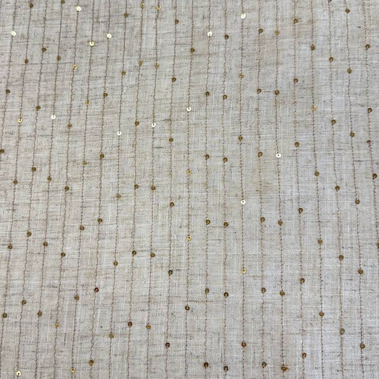 Natural linen blend fabric with vertical gold sequin lines