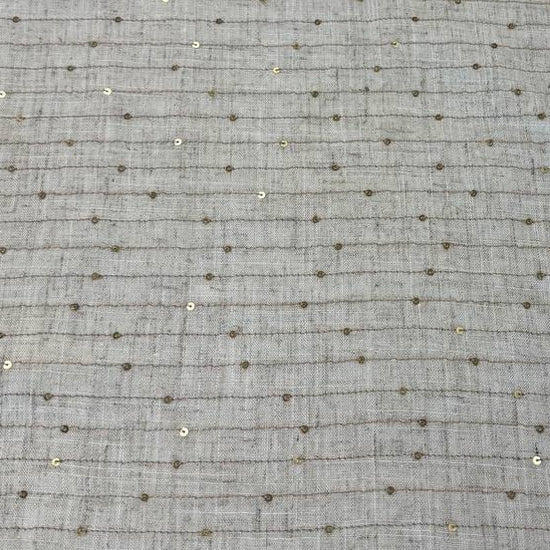 Natural linen blend fabric with vertical gold sequin lines