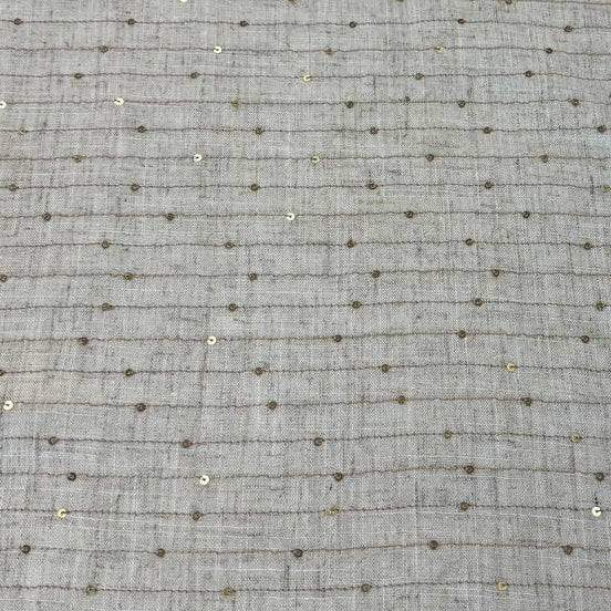 Natural linen blend fabric with vertical gold sequin lines