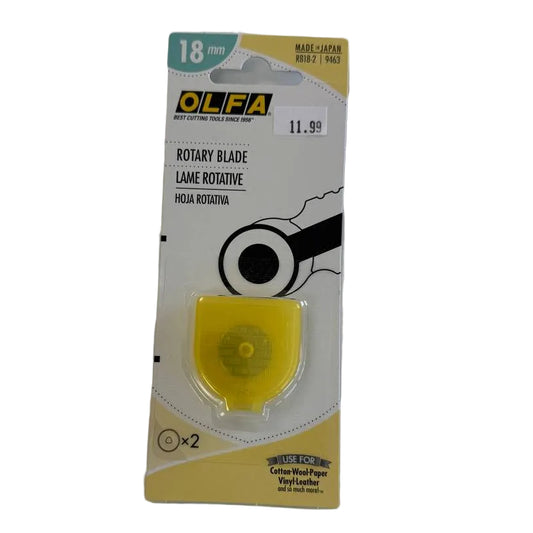 OLFA 18mm rotary replacement blades 2 pack made in Japan for detailed fabric, paper, film, and craft cutting projects.