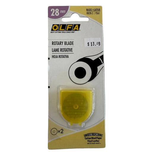 OLFA 28mm rotary replacement blades 2 pack made in Japan for quilting, sewing, fabric, leather, vinyl, and paper cutting projects.