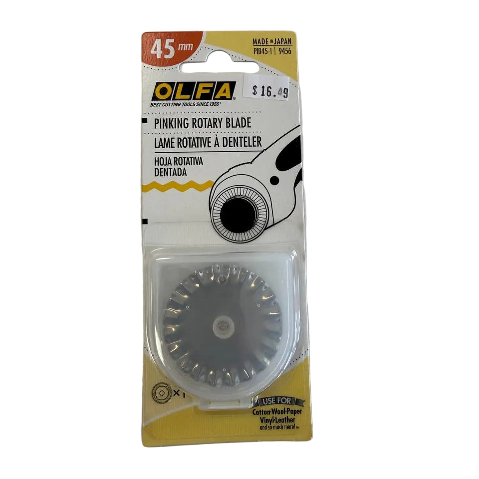 OLFA 45mm pinking rotary replacement blade made in Japan for decorative zigzag fabric cutting and quilting projects.