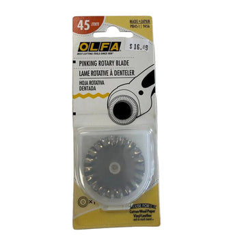 OLFA 45mm pinking rotary replacement blade made in Japan for decorative zigzag fabric cutting and quilting projects.