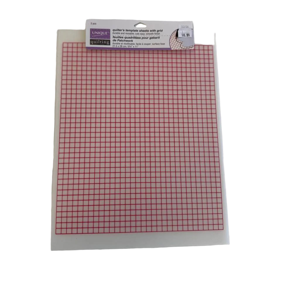 UNIQUE Quilting reusable quilter’s template sheets with red grid markings for quilting, patchwork, sewing, and craft projects.