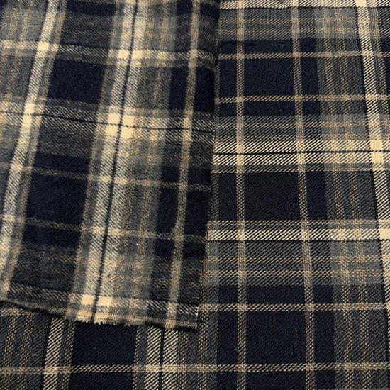 Double-sided yarn-dyed plaid fabric in navy, grey and beige, made from 85% cotton and 15% polyester.