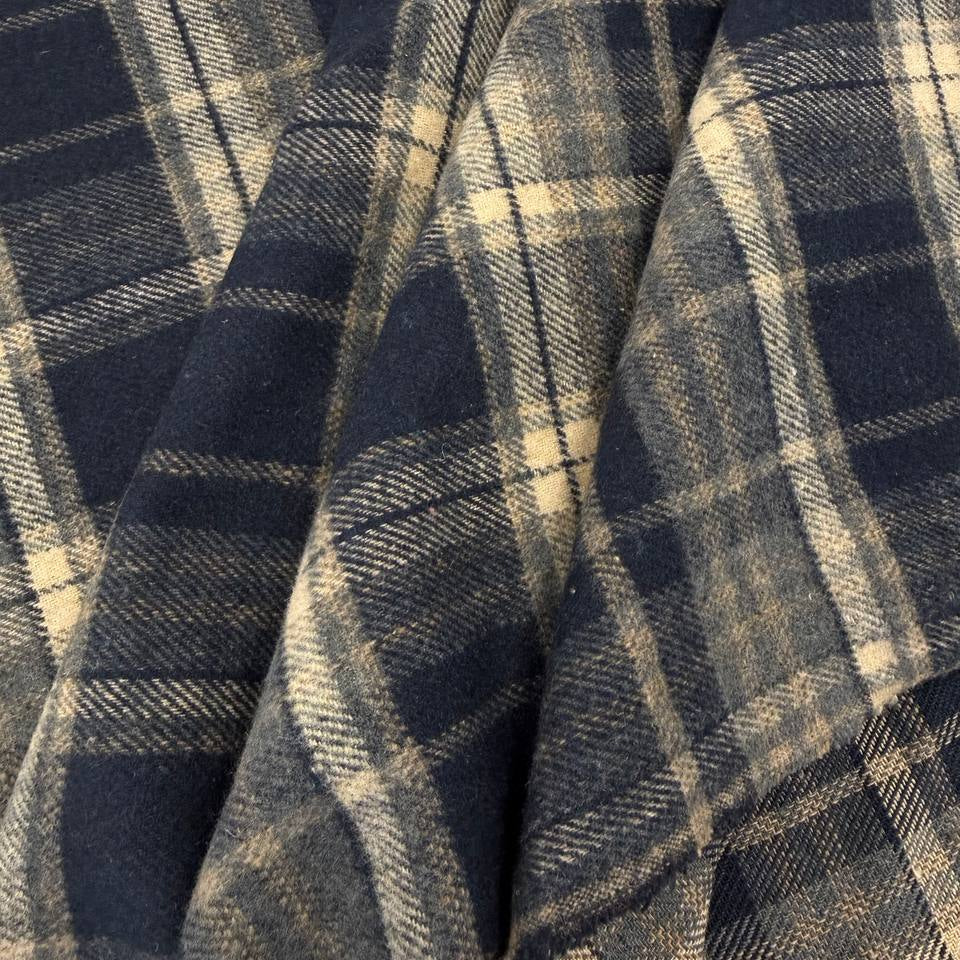 Double-sided yarn-dyed plaid fabric in navy, grey and beige, made from 85% cotton and 15% polyester.
