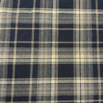 Double-sided yarn-dyed plaid fabric in navy, grey and beige, made from 85% cotton and 15% polyester.