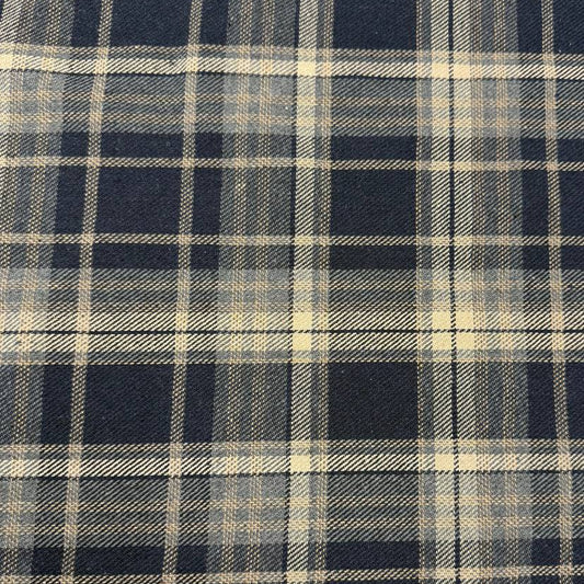 Double-sided yarn-dyed plaid fabric in navy, grey and beige, made from 85% cotton and 15% polyester.
