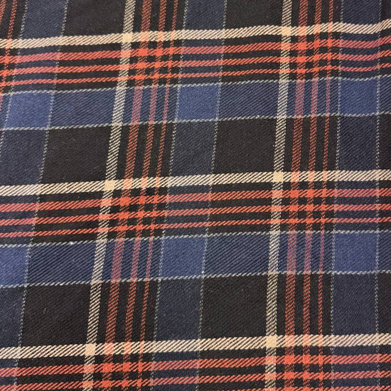 Double-sided yarn-dyed plaid fabric in navy, black, red and cream, made from 85% cotton and 15% polyester.
