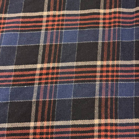 Double-sided yarn-dyed plaid fabric in navy, black, red and cream, made from 85% cotton and 15% polyester.