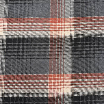 Black, grey, cream and rust double-sided plaid fabric with a classic yarn-dyed tartan pattern.