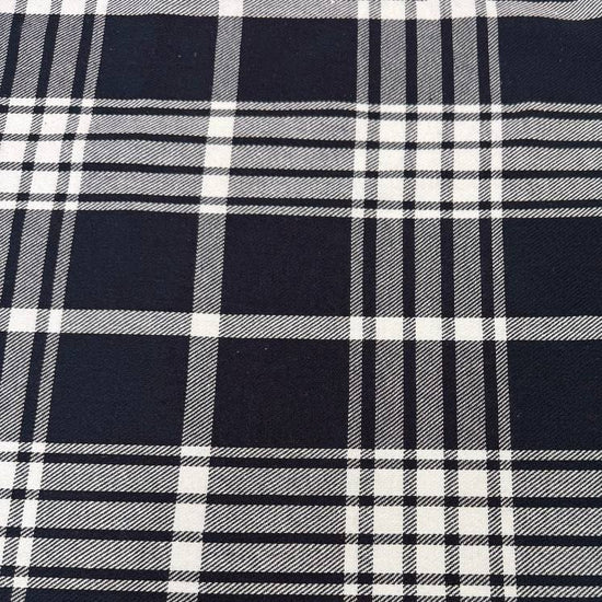 navy plaid fabric, navy white plaid, double sided plaid fabric, yarn dyed plaid, reversible fabric, tartan fabric, classic plaid, apparel fabric, sewing fabric, fall fabric, winter fabric, shirt fabric, skirt fabric