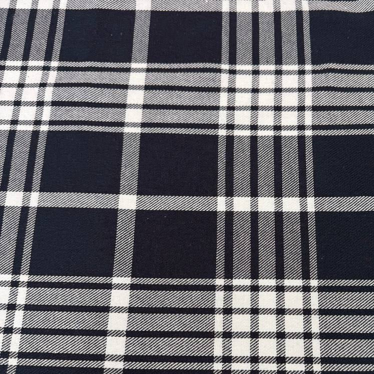 navy plaid fabric, navy white plaid, double sided plaid fabric, yarn dyed plaid, reversible fabric, tartan fabric, classic plaid, apparel fabric, sewing fabric, fall fabric, winter fabric, shirt fabric, skirt fabric