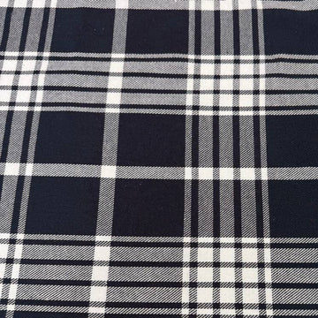 navy plaid fabric, navy white plaid, double sided plaid fabric, yarn dyed plaid, reversible fabric, tartan fabric, classic plaid, apparel fabric, sewing fabric, fall fabric, winter fabric, shirt fabric, skirt fabric