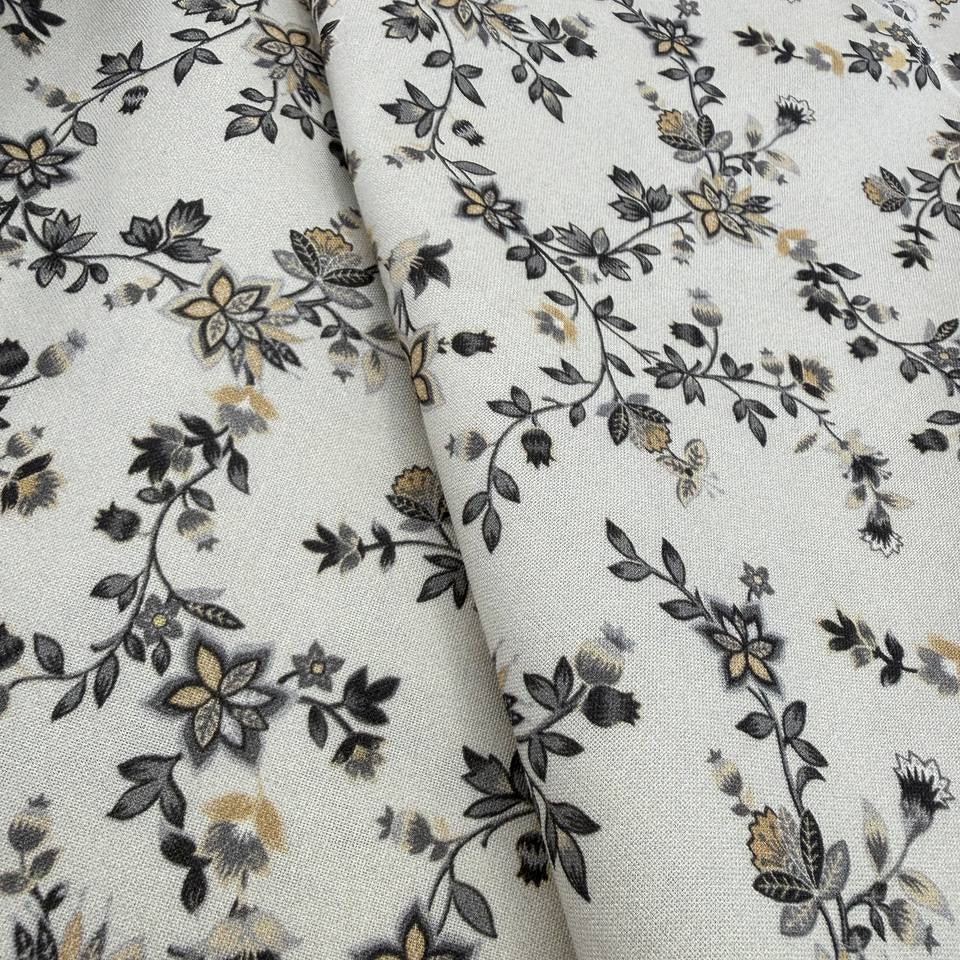 cream quilting cotton fabric with grey and beige small floral vine pattern – Sasha’s Atelier Canada