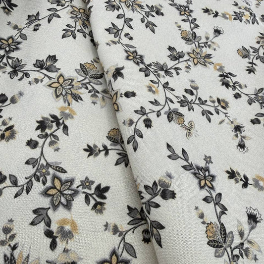 cream quilting cotton fabric with grey and beige small floral vine pattern – Sasha’s Atelier Canada