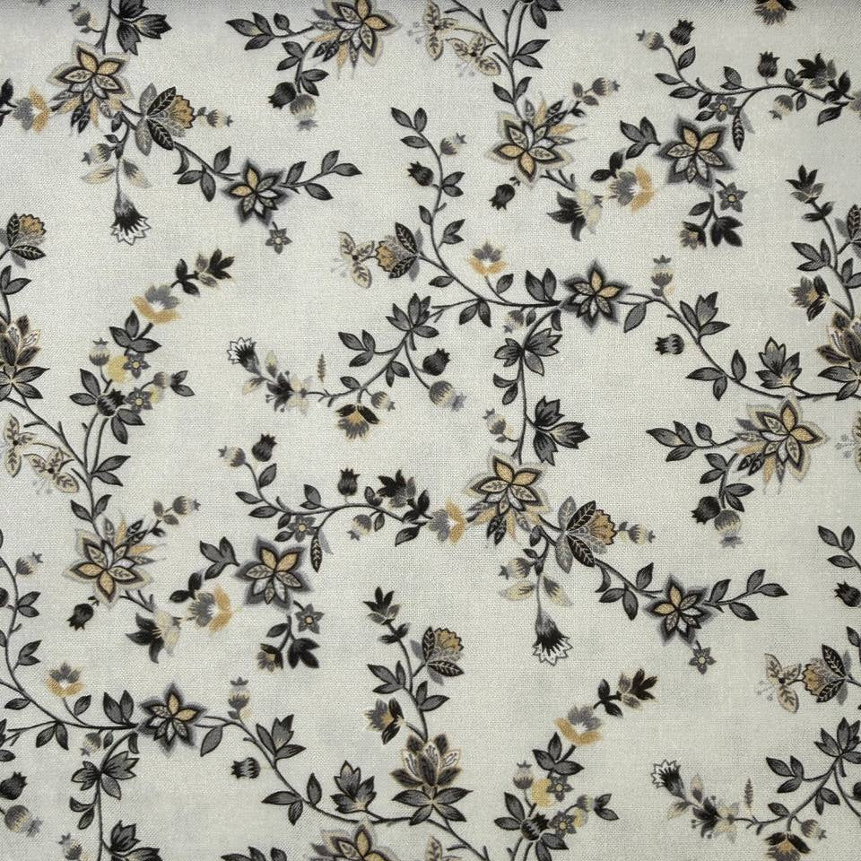 cream quilting cotton fabric with grey and beige small floral vine pattern – Sasha’s Atelier Canada