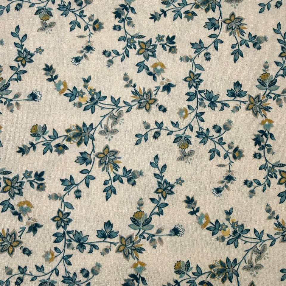 cream quilting cotton fabric with delicate blue and yellow floral vine pattern – Sasha’s Atelier Canada
