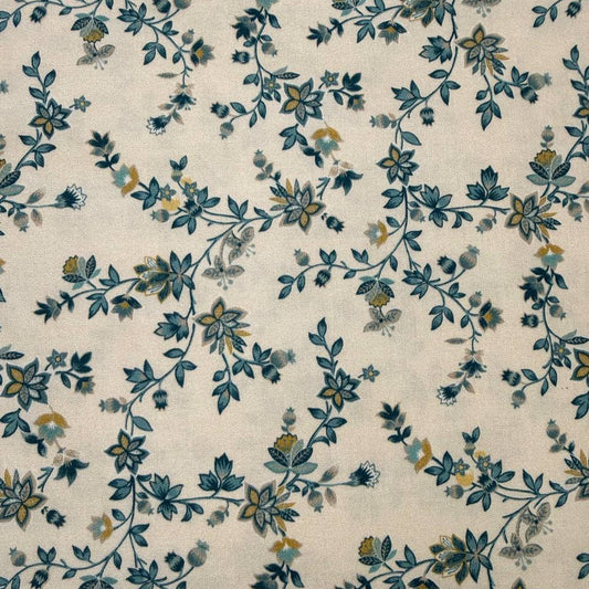 cream quilting cotton fabric with delicate blue and yellow floral vine pattern – Sasha’s Atelier Canada
