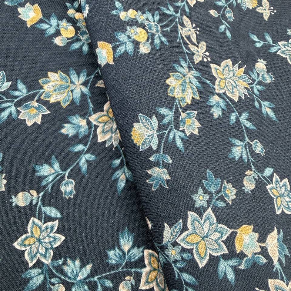 navy blue quilting cotton fabric with delicate blue and yellow floral vine pattern – Sasha’s Atelier Canada