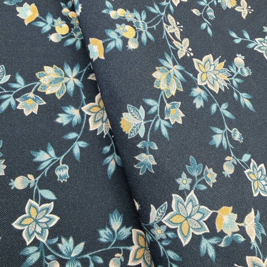 navy blue quilting cotton fabric with delicate blue and yellow floral vine pattern – Sasha’s Atelier Canada