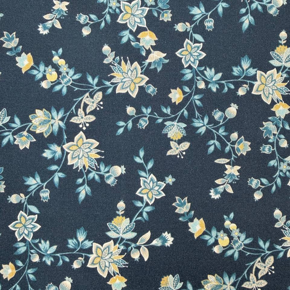 navy blue quilting cotton fabric with delicate blue and yellow floral vine pattern – Sasha’s Atelier Canada