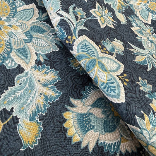 navy blue floral quilting cotton fabric with blue and gold botanical pattern – Sasha’s Atelier Canada