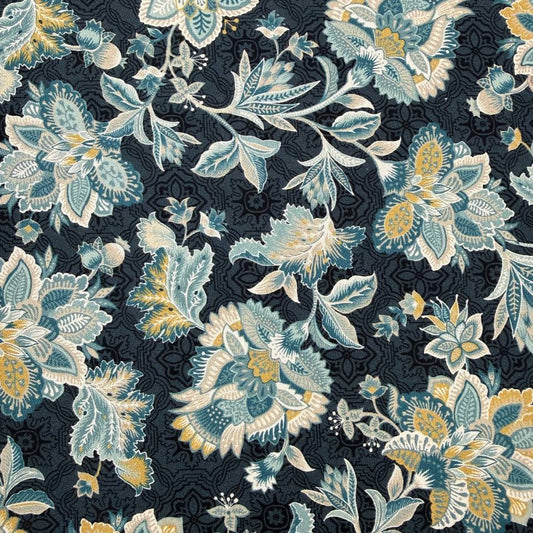 navy blue floral quilting cotton fabric with blue and gold botanical pattern – Sasha’s Atelier Canada