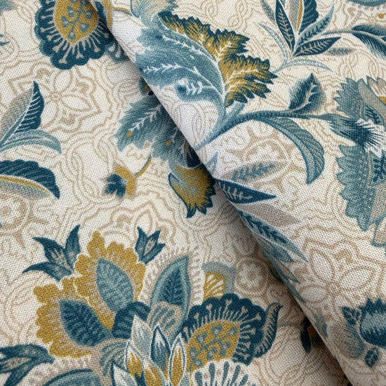 cream quilting cotton fabric with blue and gold vintage floral botanical pattern – Sasha’s Atelier Canada