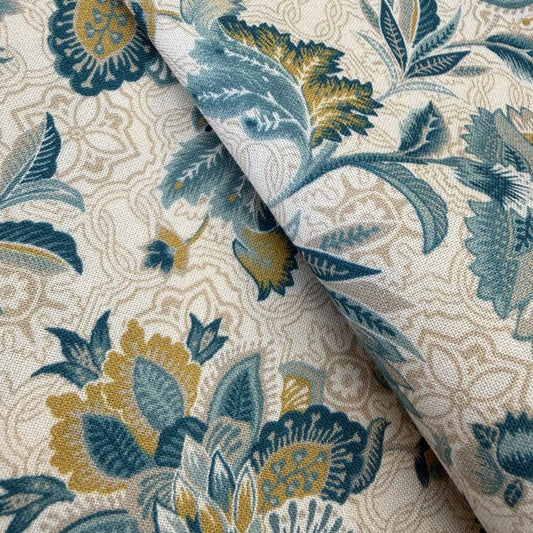 cream quilting cotton fabric with blue and gold vintage floral botanical pattern – Sasha’s Atelier Canada