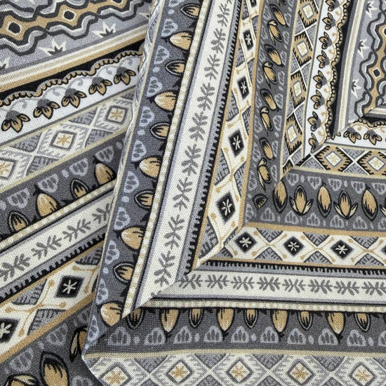 striped quilting cotton fabric with geometric and ornamental pattern in grey, beige and blue – Sasha’s Atelier Canada