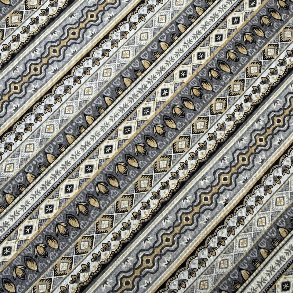 striped quilting cotton fabric with geometric and ornamental pattern in grey, beige and blue – Sasha’s Atelier Canada