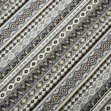 striped quilting cotton fabric with geometric and ornamental pattern in grey, beige and blue – Sasha’s Atelier Canada