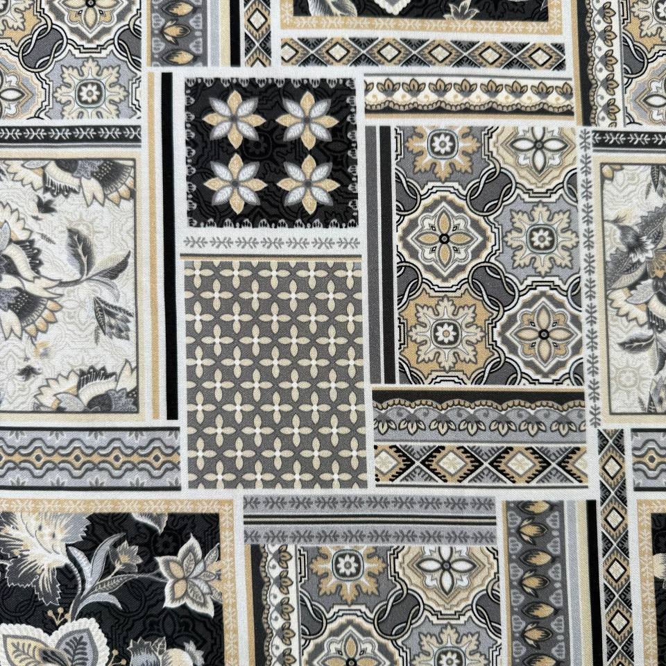 black and beige patchwork quilting cotton fabric with floral and tile mosaic pattern – Sasha’s Atelier Canada