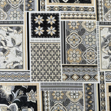 black and beige patchwork quilting cotton fabric with floral and tile mosaic pattern – Sasha’s Atelier Canada