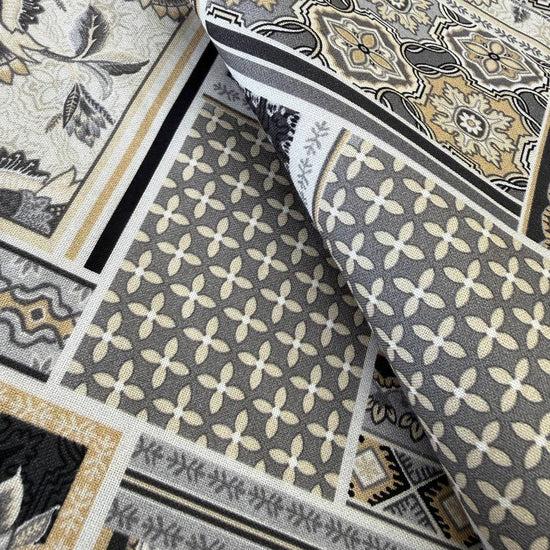 black and beige patchwork quilting cotton fabric with floral and tile mosaic pattern – Sasha’s Atelier Canada