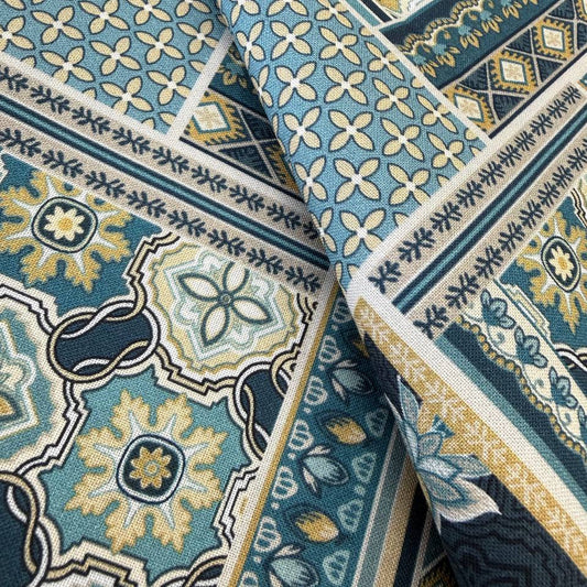 blue patchwork quilting cotton fabric with floral and tile pattern – Sasha’s Atelier Canada