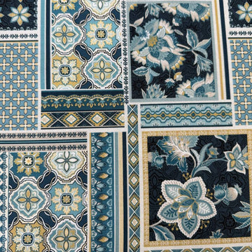 blue patchwork quilting cotton fabric with floral and tile pattern – Sasha’s Atelier Canada
