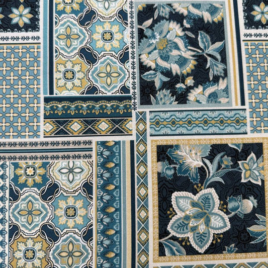 blue patchwork quilting cotton fabric with floral and tile pattern – Sasha’s Atelier Canada