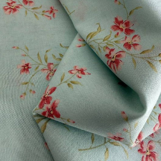 blue quilting cotton fabric with small pink floral branches pattern – Sasha’s Atelier Canada