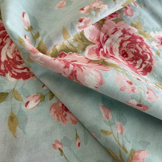 light blue quilting cotton fabric with pink vintage floral roses pattern – Sasha’s Atelier Canada