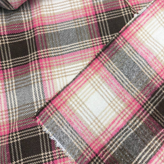 Pink, black, beige, grey and white yarn-dyed plaid fabric, 65% polyester and 35% rayon, double-sided tartan fabric.